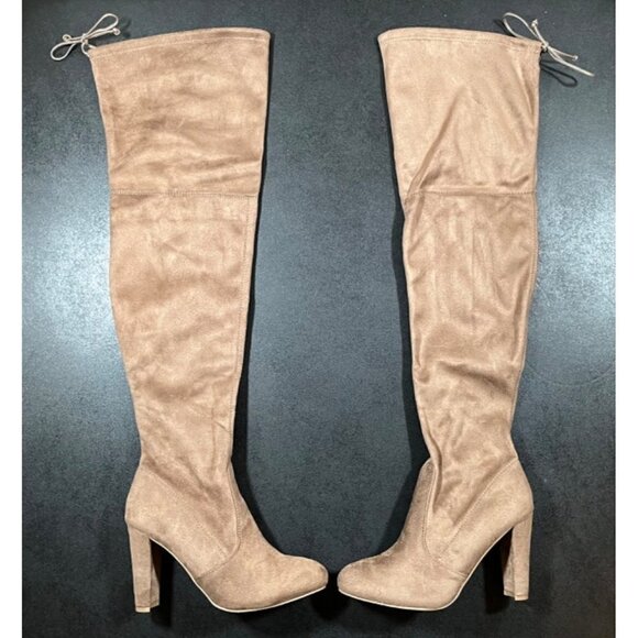 NEW Charlotte Russe Amaya Tie Back Over the Knee Boots Heel Suede Taupe Womens 9 - Picture 1 of 14